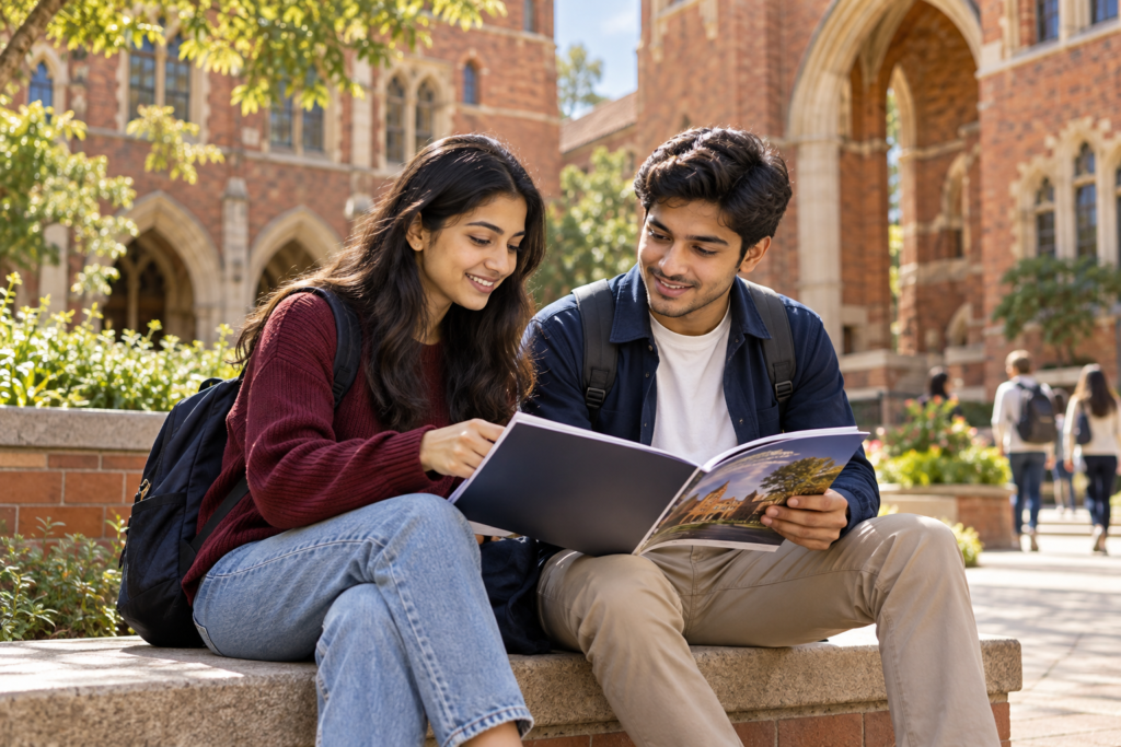 Illustrative students reviewing course choices in a university courtyard