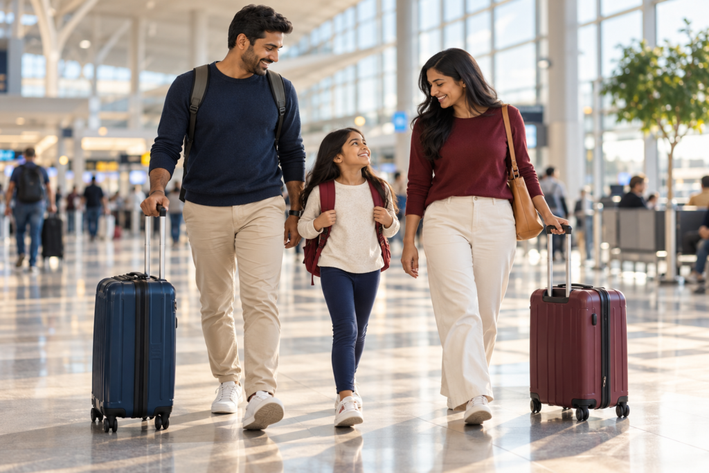 Illustrative family traveling together in an airport