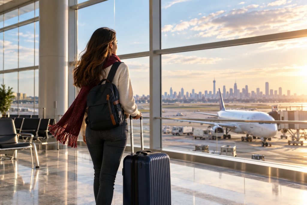 Illustrative international airport departure scene