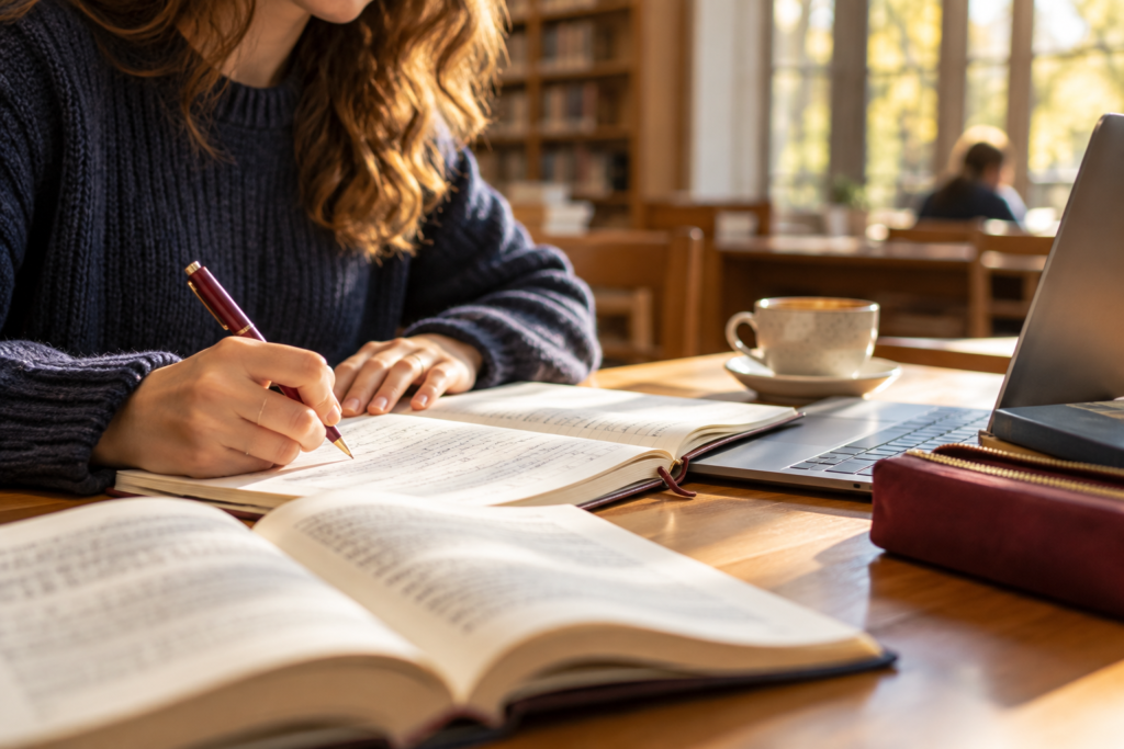 Illustrative student taking planning notes in a library
