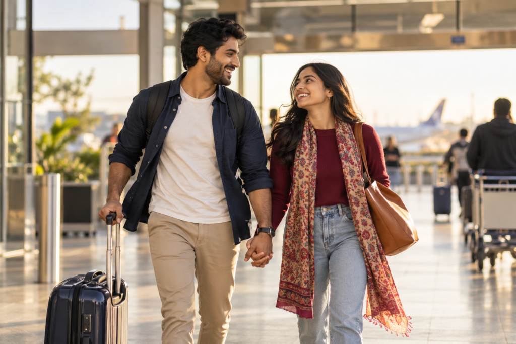 Illustrative couple traveling together at an airport