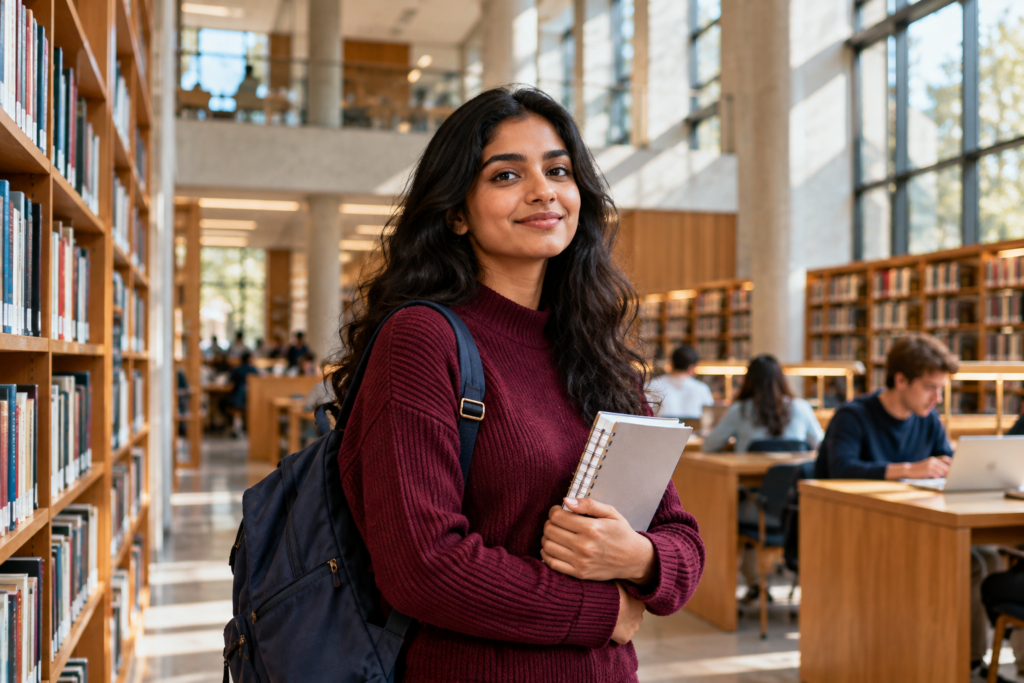 Illustrative postgraduate student in a university library