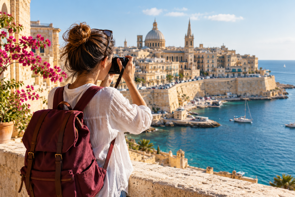 Illustrative traveler exploring a Mediterranean waterfront